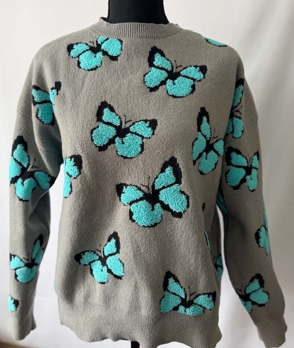 Shein Romwe Punk Rock Blue Butterfly Graphic Intarsia Knit Sweater